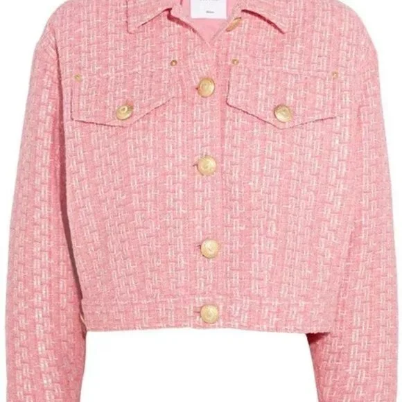 MOSCHINO COUTURE RAFFIA BOUCLE PINK TWEED JACKET SKIRT SET 2017 RUNWAY SZ 8